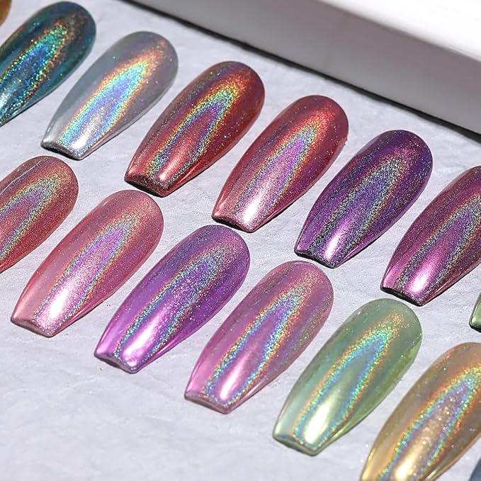 10 Colors Holographic Nail Powder, Holo Aurora Iridescent Metallic Mirror Laser Effect Chrome Pigment Glitter Dust for Salon Home Nail Art DIY Decorations