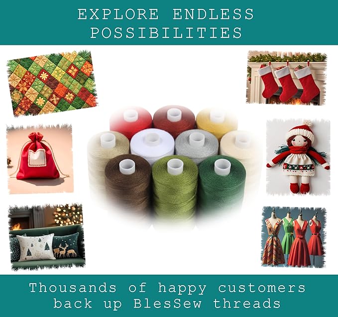 BlesSew Sewing Threads - 10 Large Spools of Polyester Thread for Hand, Quilting & Sewing Machine - Christmas and Festive Shades Colors - 1000 Yards Per Spool