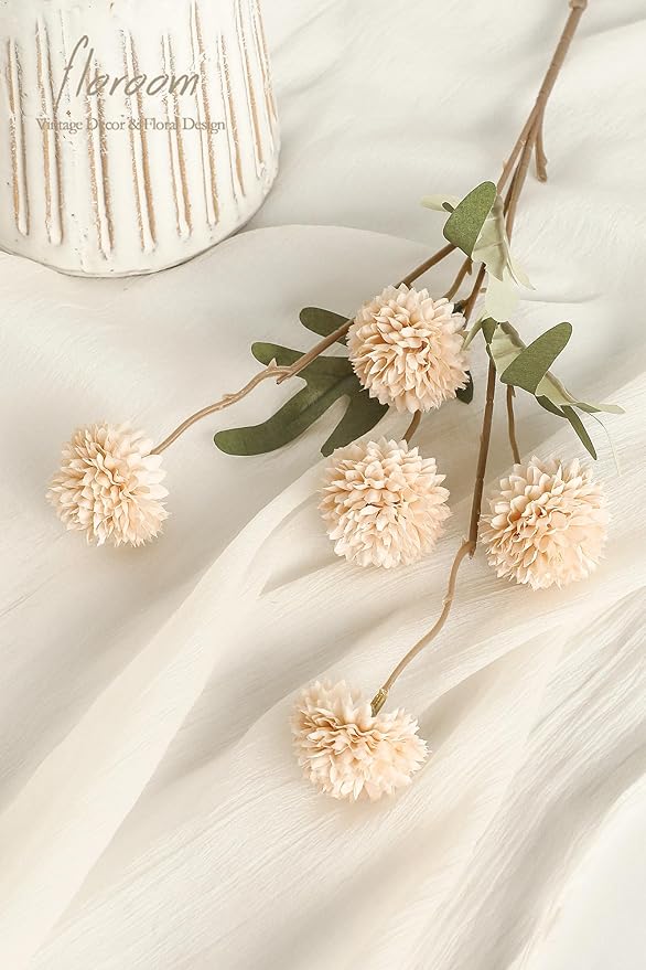 Floroom 5pcs Beige Faux Silk Mums Artificial Flowers, Bulk Fake Small Mini Chrysanthemums with Stems for DIY Champagne Wedding Centerpieces Floral Arrangements Vase Fillers Home Decorations