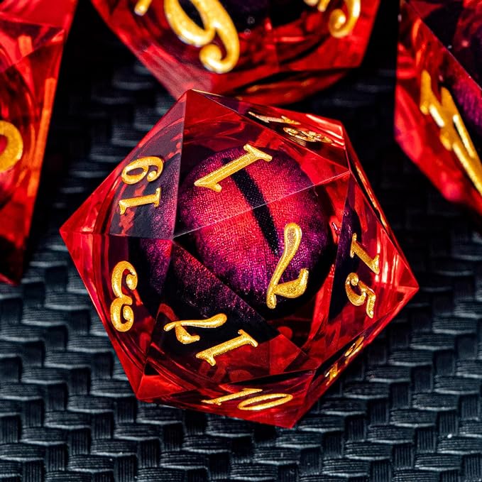 ARUOHHA DND Dragon Eye Dice Liquid Core Red Resin Sharp Edged Dice with Gift Box, Polyhedral D and D Dice Set Handmade Role Playing Game D20 D12 D10 D8 D6 D4