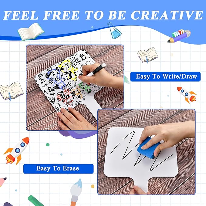 24 Pcs Dry Erase Answer Paddle, 10 x 8 Inch Auction Paddles with Markers and Erasers, Handheld White Board with Handle for Teaching Meeting Bidding Voting Games (Double Sided)