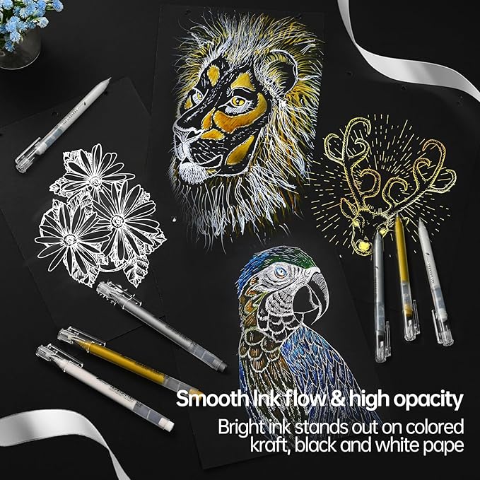 3 Colors 0.8mm Extra Fine Point 6-Pack Gel Pen Set – White, Gold & Silver Gel Ink Pens for Artists Drawing on Black Paper, Sketching, Bullet Journaling & Crafting