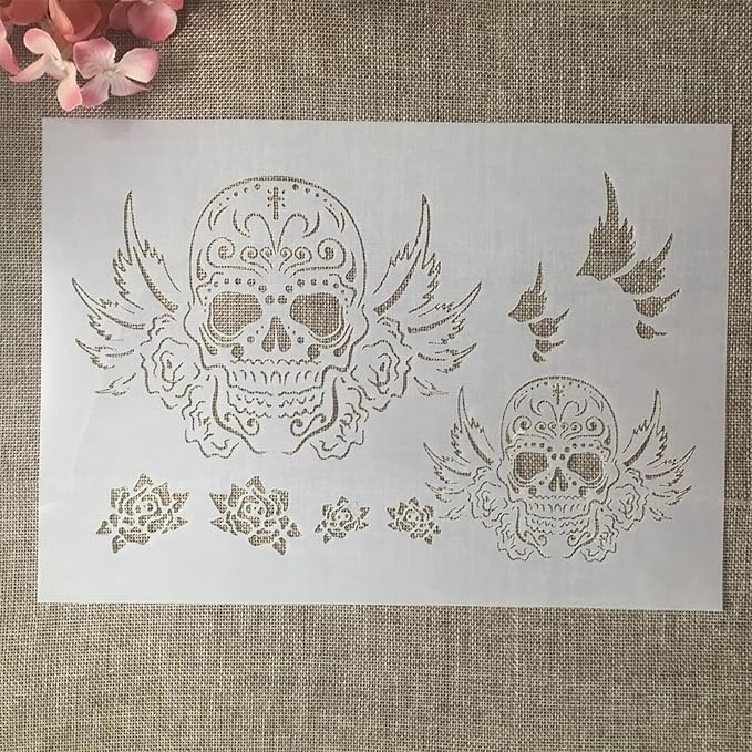 TIAMECH A4 Reusable Flying Skull Wings Stencil for Painting - Halloween Ghost Layering Template, DIY Wall Art, Wood Furniture, Scrapbook & Crafts (8.3x11.7inch)