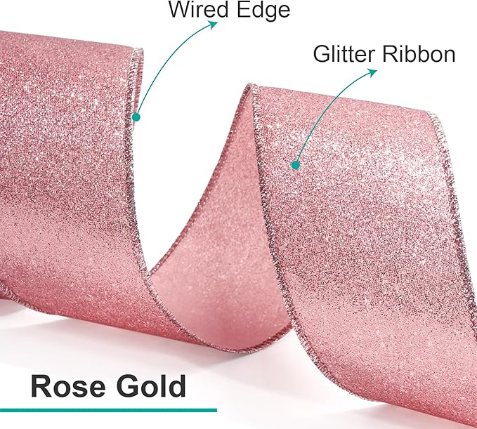 CT CRAFT LLC Glitter Wired Ribbon 1.5" x 10 Yards Rose Gold for Christmas Home Decor Bow Gift Wrapping DIY Crafts Wreath