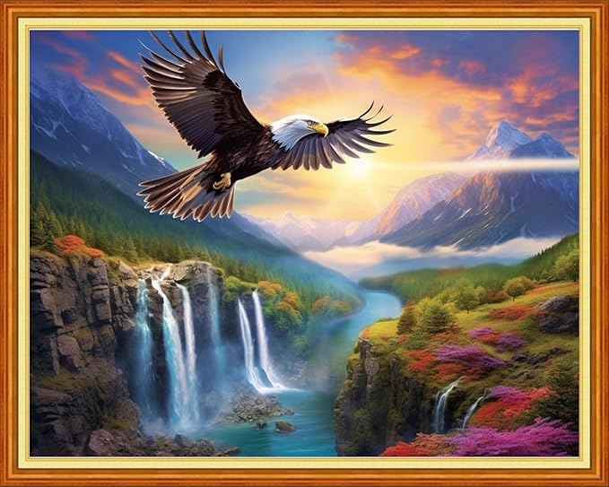 DMCVIVR Stamped Cross Stitch Kits for Adults Beginners Embroidery Kits 11CT Needlepoint Kits Cross Stitch Patterns Embroidery Patterns& Eagle Waterfall Scenery 16x20 inch