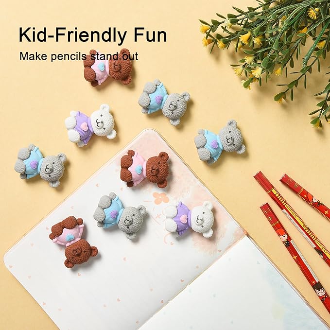HILAZA 18Pcs Pencil Top Erasers for Kids, 3D Cute Bear Pencil Toppers, Bulk Fun Pencil Cap Easters for School Classroom Supplies Prize Gifts Party Favors