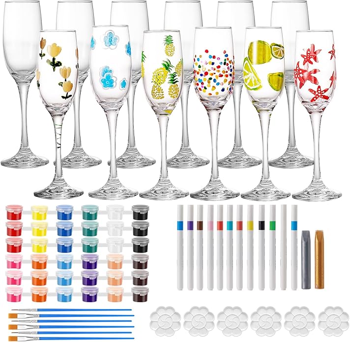 6 Sets Paint Your Own Wine Glass Set with 12 Markers, 2 Outliners, 36 Acrylic Paint Strips, 12 Brushes and 6 Palette for Adults, Ladies Night or Couple