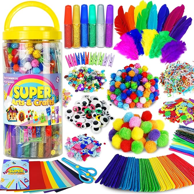 FUNZBO Arts and Crafts School Supplies for Kids -Kindergarten School Supplies Set with Glitter Glue Stick,Glue, Pipe Cleaners Craft and Kids' Scissor, Birthday Gifts for Girls Boys Age 4+