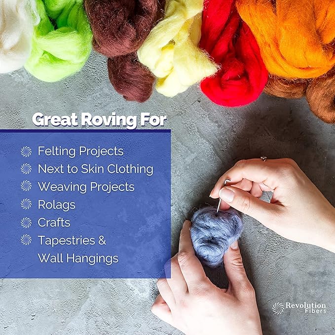 Revolution Fibers Merino Wool Combed Top | 1 lb Premium Wool Roving | 22 Micron, Best Merino Wool for Spinning, Tapestry, Needle Felting, Big Yarn Roving and Wall Hangings (Denim Blue)