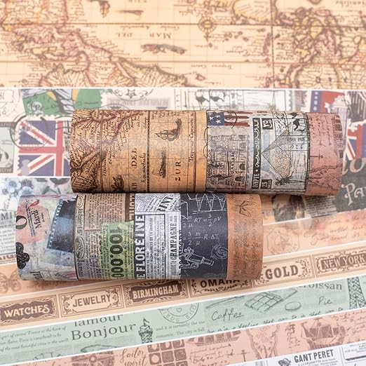YUBX Vintage Washi Tape Set 10 Rolls Wide Decorative Antique Map Stamp Newspaper Masking Tapes for Arts, DIY Crafts, Journals, Planners, Scrapbook, Wrapping 9/16'', 13/16'', 1'', 1 3/4'', 2 3/8''