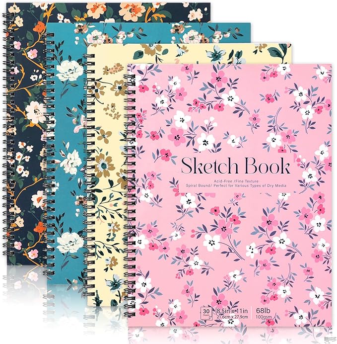 4 Pack Sketch Book, 8.5 x 11Inch Sketchbook, 68lb/100gsm Top Spiral Bound Sketch Pad, Acid Free Art Supplies Drawing Painting Sketching Paper for Woman Artists (30 Sheets Each)