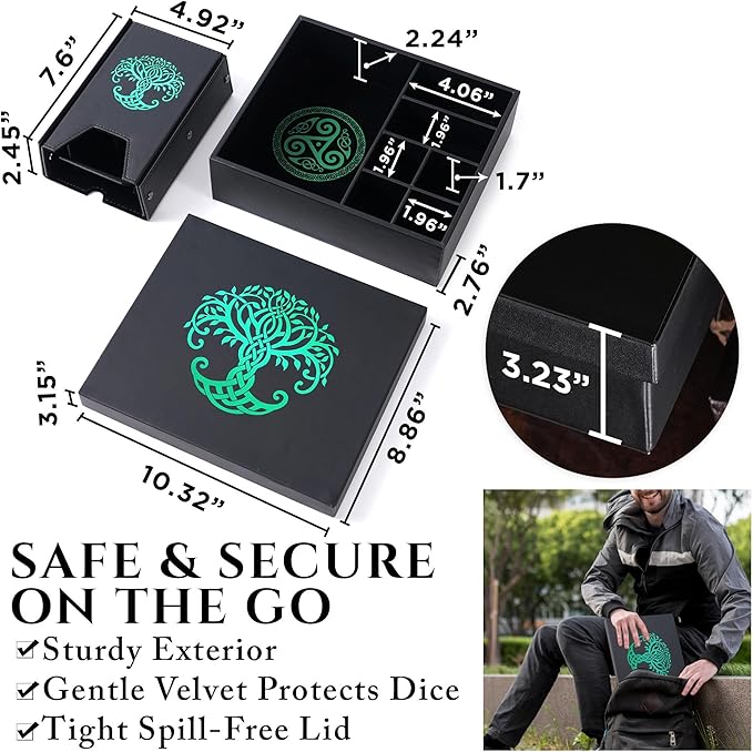 Dice Tray and Dice Tower for DND and RPG - All-in-One Game Roamer Tray & Large Tower for Random Rolls - Stores Your Sets, Mini's and More Compatible with D&D (Green Tree)
