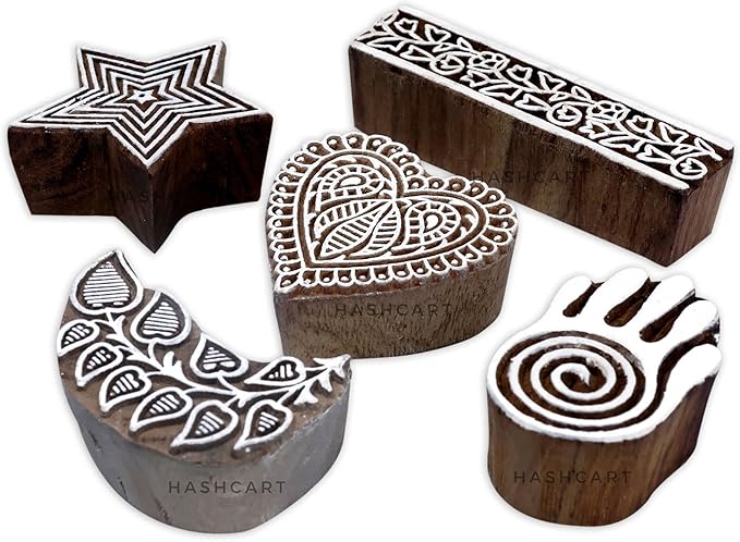 Wooden Block Stamp Hand Carved Printing Stamp for Fabric Printing - Wooden Printing Block for Scrapbooking Pottery Kids Project, to Decorate Card | Set of 5 | HASHCART®