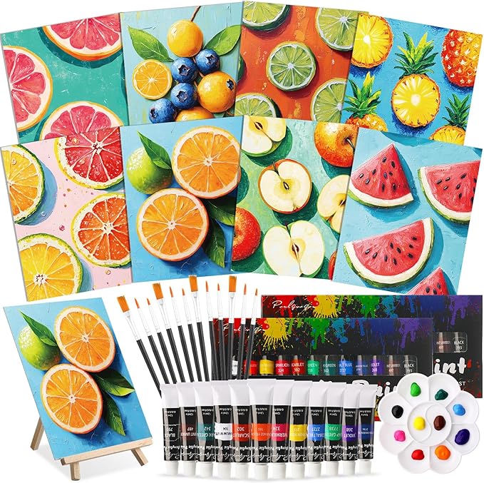 Cholemy 36 Pcs Paint and Sip Kit for Adults 8''x10'' Pre Drawn Canvas for Painting DIY Afro Acrylic Painting Kit Wood Easel Brushes Date Night Bulk for Christmas Party Gifts(Colorful Fruits)