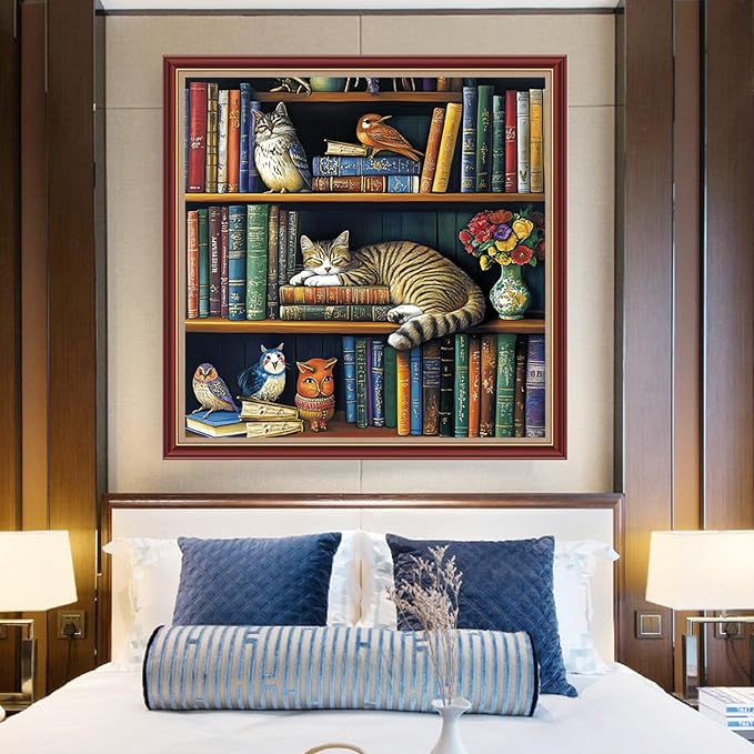 DMCXART Counted Cross Stitch Kits for Adults Needlepoint Kits Unprinted Cross Stitching Embroidery Kit 11CT Cross Stitch Supplies-Bookshelf Cat 18x18 inch