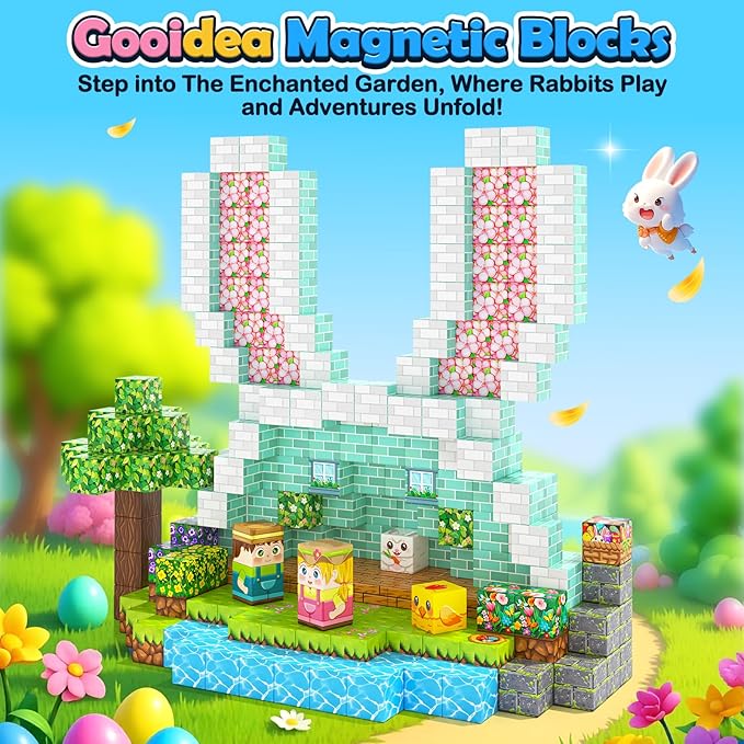 108PCS Magnetic Blocks Kids Magnet Toys, Large 1 inch Building Cubes with Puzzle Panel, Mine Magworld Easter Bunny Garden Building Crafts, Sensory Learning Toys Gift for 3+ Year Old Boys Girls