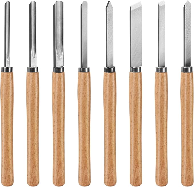 HAUTMEC Professional Wood Turning Chisel 8 pcs Set, Lathe Chisel Set with 2 Skew 1 Spear Point 1 Parting 1 Round Nose & 3 Gouge Tools for Beginners, Hobbyists and Professionals HT0237-WW