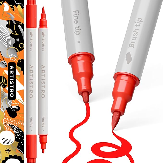 ARTISTRO 2 Red Acrylic Paint Pens, Acrylic Paint Markers Dual Tip (Brush + Fine 1 mm), Canvas, Rock, Glass, Wood, Paper, DYI, Markers for Kids and Adults