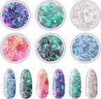 12 Boxes Mermaid Iridescent Chunky Glitter Flakes Chrome Nail Sequins Aurora Holographic Mermaid Nail Glitter Flakes Glitters Chunky Iridescent Flakes for Face Eyes Body Hair Nail Decoration