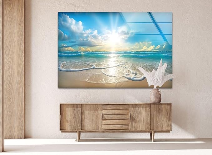 My Photostation.com 28Wx18H'' Beautiful Sunset & Ocean Glass Wall ArtTempered Glass Printing Wall Decor Large Wall Art Wall Hangings