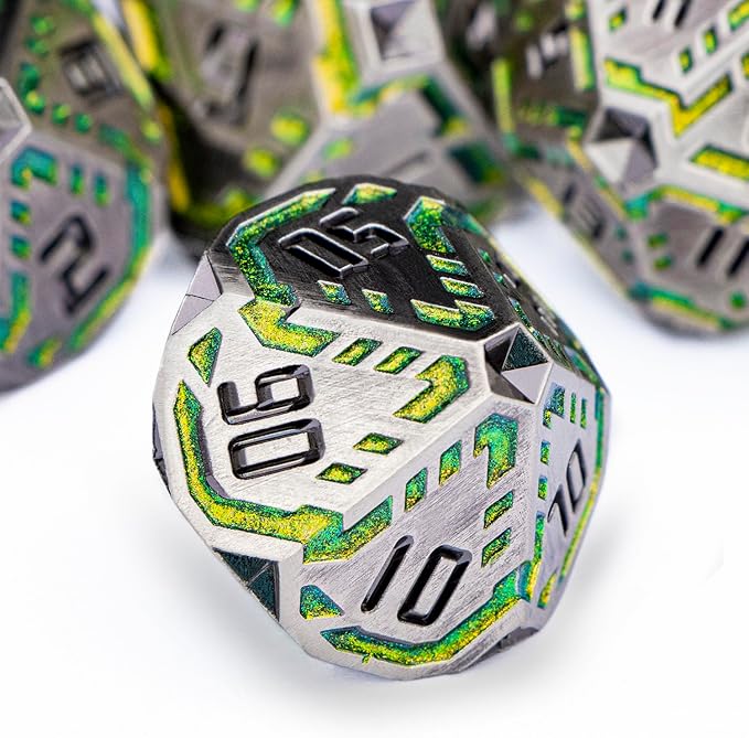 Metal DND Sci-fi Dice Set 7PCS Stripe Polyhedral Dice for Dungeons Dragons RPG Role Playing Game, Glitter D and D Dice with Gift Box D6 D8 D10 D12 D20 (Grey&Green Yellow)