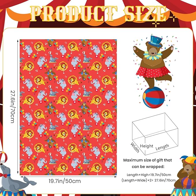 Pineraap 12 Sheets Circus Wrapping Paper, Cute Circus Acrobatic Clown Ferris Wheels Balloon Tent Pattern Folded Gift Packing Paper for Birthday, Baby Shower, Parties, Gifts, Crafts, 20 x 28 inch