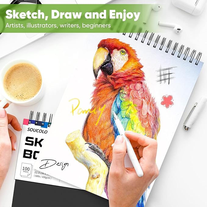 Soucolor Artist 9x12 Sketch Book Set, 4 Pack 100-Sheet Spiral Drawing Pads (68lb/100gsm) | Acid-Free Drawing Paper for Teens, Adults Classroom Art Supplies, Charcoal, Graphite, Pastel Pencils & Sticks