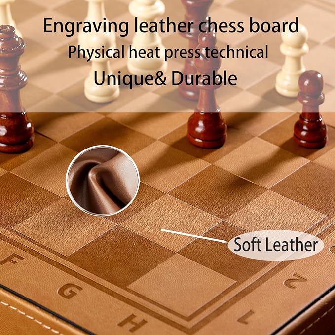 15" Magnetic Chess Set & Checkers Set 2 in 1，Rinten Leather Portable Travel Chess Board Game Sets with Velvet Bag Packaging Beginner Large Chess Set for Kids and Adults