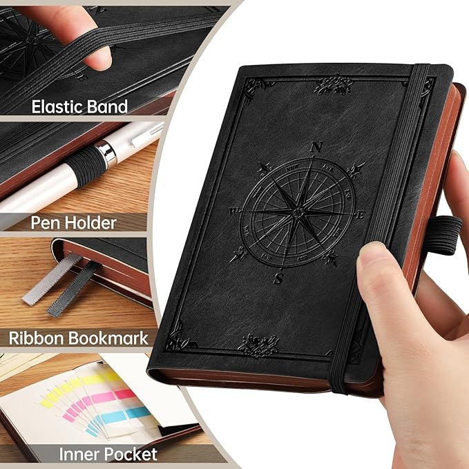 AHGXG Small Blank Pocket Journal Notebook for Men - 256 Numbered Pages B6 Mini Journal, Vintage Soft Leather Hardcover, 80gsm Paper, for Women Work Office School, 4.1'' X 5.7''- Black