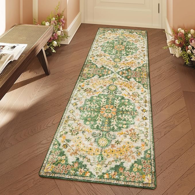 Lahome Bohemian 2x6 Washable Hallway Runner Rug, Kitchen Runner Rugs Non Skid Washable, Floral Medallion Soft Bathroom Carpet Runners for Laundry Room Bedroom Foyer Entryway, Yellow/Green/Multi