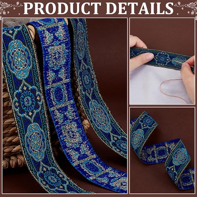 PH PandaHall 1.3 Inch Vintage Jacquard Ribbon, 7 Yards Emobridered Woven Ribbon Boho Fabric Sewing Woven Ribbon Persian Floral Trim Fringe Decor Trim for Ramadan Clothing Embellishment Decoration