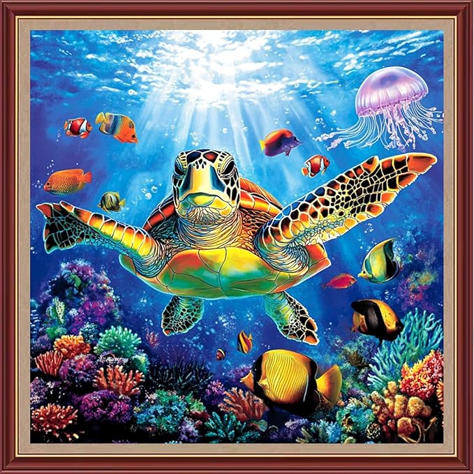 DMCXART Counted Cross Stitch Kits for Adults Needlepoint Kits Unprinted Cross Stitching Embroidery Kit 11CT Cross Stitch Supplies-Turtle Scenery 18x18 inch