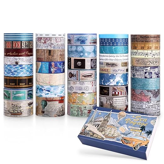 38 Rolls Vintage Washi Tape Set, Vintage Travel Stamp Map Scenery Art Letter Writable Decorative Tapes for Scrapbooking , Junk Journal Supplies, Bullet Journaling 5-25mm Wide 9.84ft long/Roll