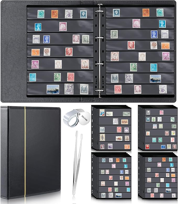 Lewtemi Stamp Collecting Albums Set Stamp Collection Book Include 20 Pages Album Binder Tweezer and Loop Magnifier Collecting Supplies for Collectors (Black,5/6/7/8 Rows)