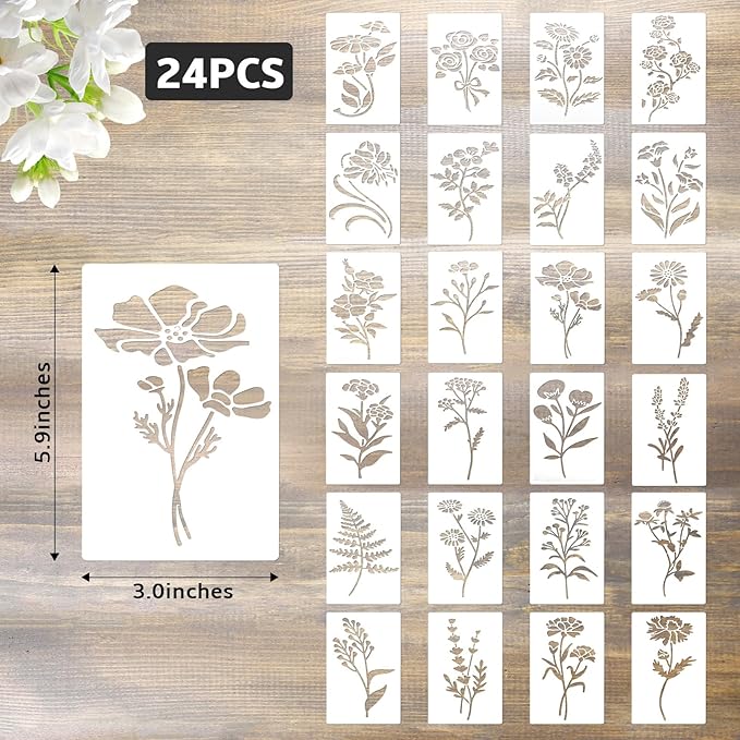Flower Stencils for Painting Reusable 24PCS Wall Stencil for Crafts Leaf Stencils Templates for DIY Home Decor Art Projects