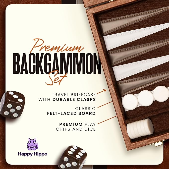 Backgammon Board Game, Deluxe Leather Like Case, Felt Interior, Brown, Classic Backgammon Game, Popular Board Game, Board Games (Medium (15"))