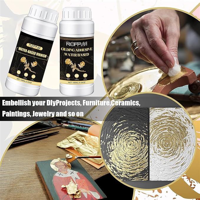 Gilding Adhesive Set Gold Leaf Sheets for Art 100ml Water Based Metal Leaf Glue and 100ml Varnish, Gold Foil Sheets for Crafts 100 pcs, 2 Brushes and 1 Sheet Tweezers