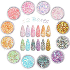 Allstarry 12 Colors Mermaid Nail Chunky Glitter Ultra-Thin Fluorescent Glass Paper Irregular Iridescent Sequin Flakes Glitters Sticker for Nails Art Decoration Hair Eyes Face Body DIY Craft