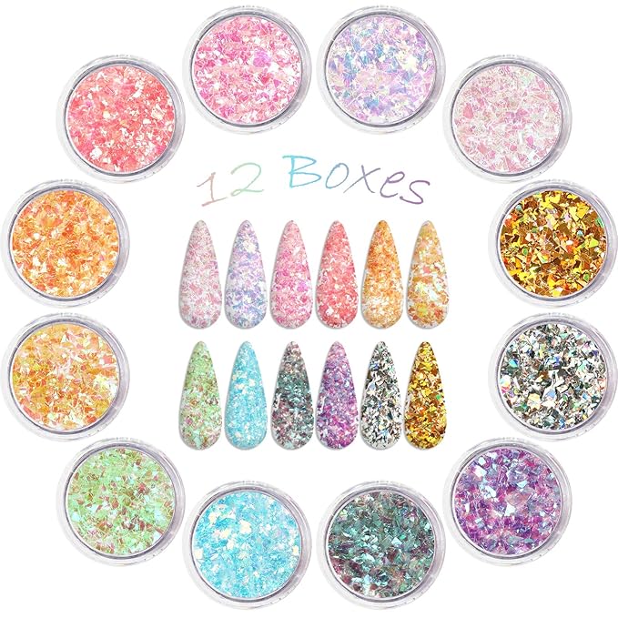 Allstarry 12 Colors Mermaid Nail Chunky Glitter Ultra-Thin Fluorescent Glass Paper Irregular Iridescent Sequin Flakes Glitters Sticker for Nails Art Decoration Hair Eyes Face Body DIY Craft