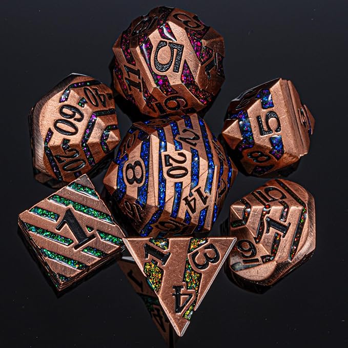 Metallic Glitter Stripes D&D,DND Metal Dice,7pcs Polyhedral Dice Set with Gift Case for D&D Tabletop Game (Antique Red Copper Seven Colors)