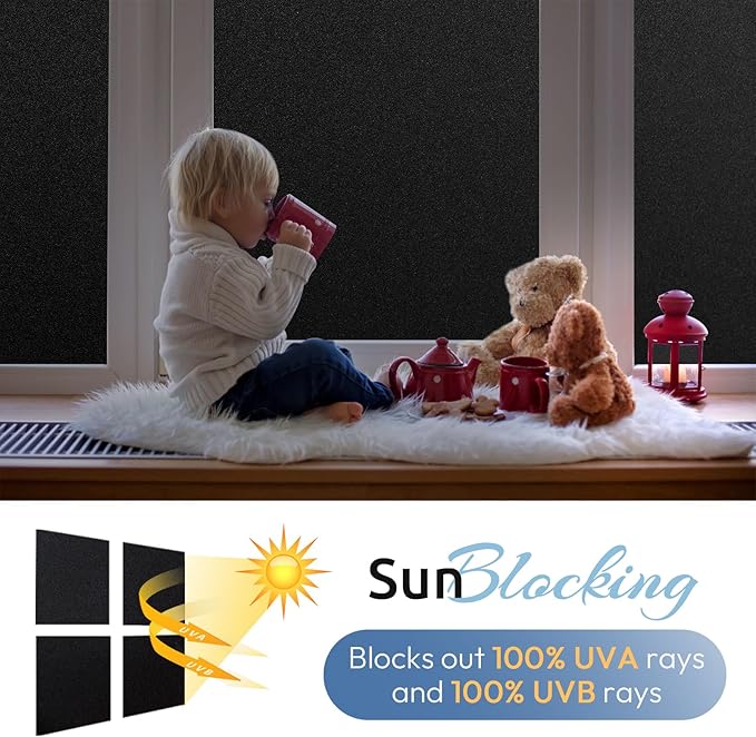 rabbitgoo Blackout Window Film, Sun Heat Blocking Privacy Cover for Glass, Removable Opaque Room Darkening Dark Black Out Window Covers Tint Shades for Home Day Sleep Light Blocker 11.8 x 118.1 Inches