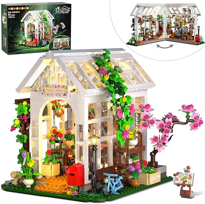 HOGOKIDS Flower House Building Set with LED Light - 1332 PCS Garden House Buiding Toy with Flowers Potted Plants Parrot Cat Animals Playset Greenhouse Model Xmas Gift for Adults Teens Girls Ages 8+