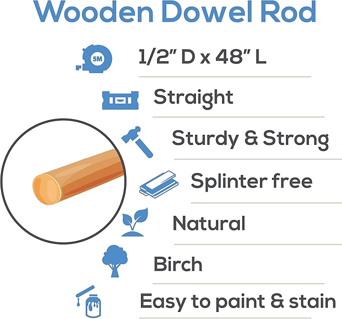 Dowel Rods Wood Sticks Wooden Dowel Rods - 1/2 x 48 Inch Unfinished Hardwood Sticks - for Crafts and DIYers - 25 Pieces by Woodpeckers