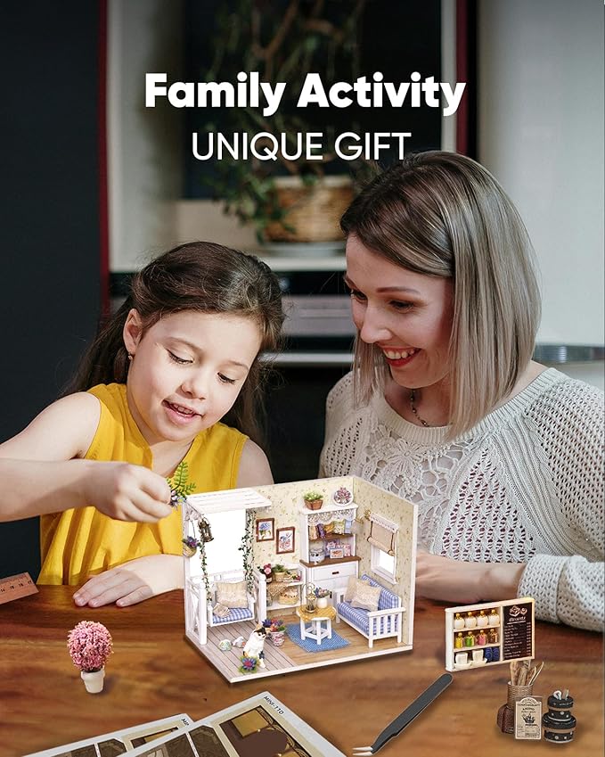 DIY Miniature House Kit – Mini Doll House Model Tiny Home Build Dollhouse Diorama Craft Kit with LED Dust Cover for Beginners Christmas Halloween Holiday Birthday Gift for Adult(Cat Room)