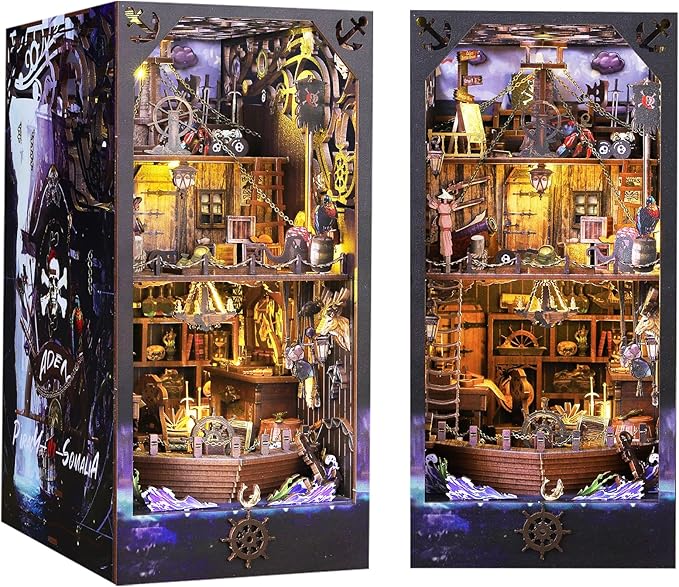 DIY Book Nook Kit Booknooks Bookshelf Insert Decor Miniature House Kits with Sensor Light 3D Puzzles Wooden Dollhouse Arts & Crafts for Adults/Teen Gifts (Aden)