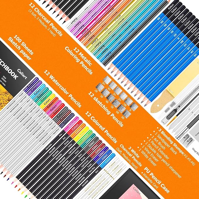 Caliart 176PCS Art Supplies Sketching Kit with 100 Sheets 3-Color Sketch Book, Graphite Colored Charcoal Watercolor & Metallic Pencils, Drawing Supplies Christmas Gifts for Artists Adults Beginners