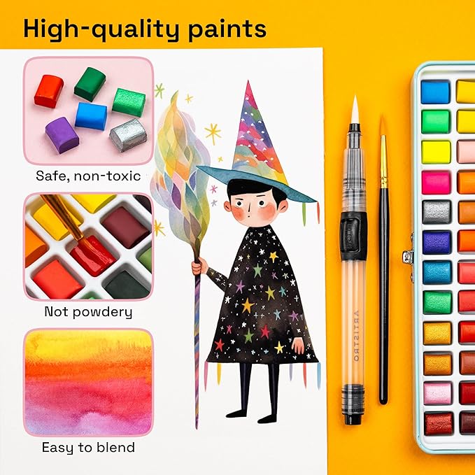 ARTISTRO Watercolor Paint Set Portable, Palette Set with Metallic Colors for Workbooks - Mini Travel Painting Kit for Artists, Professionals, Adults, Kids, Girls&Boys - Art Supplies, Christmas Gift