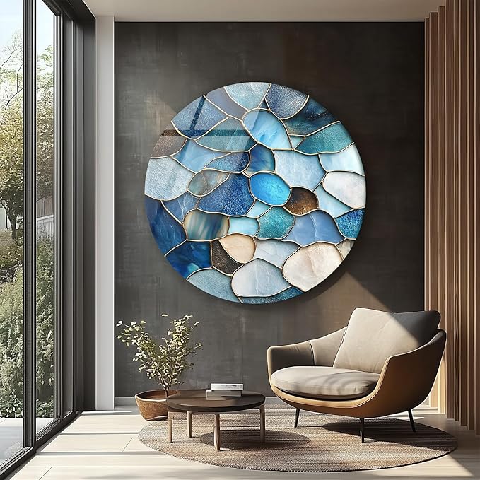 My Photostation.com 27.5''(70cm) Diameter Coastal Blue Stone Mosaic Round Glass Wall Art Tempered Glass Printing Wall Decor Large Wall Art Wall Hangings