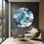 My Photostation.com 39,4''(100cm) Diameter Coastal Blue Stone Mosaic Round Glass Wall Art Tempered Glass Printing Wall Decor Large Wall Art Wall Hangings