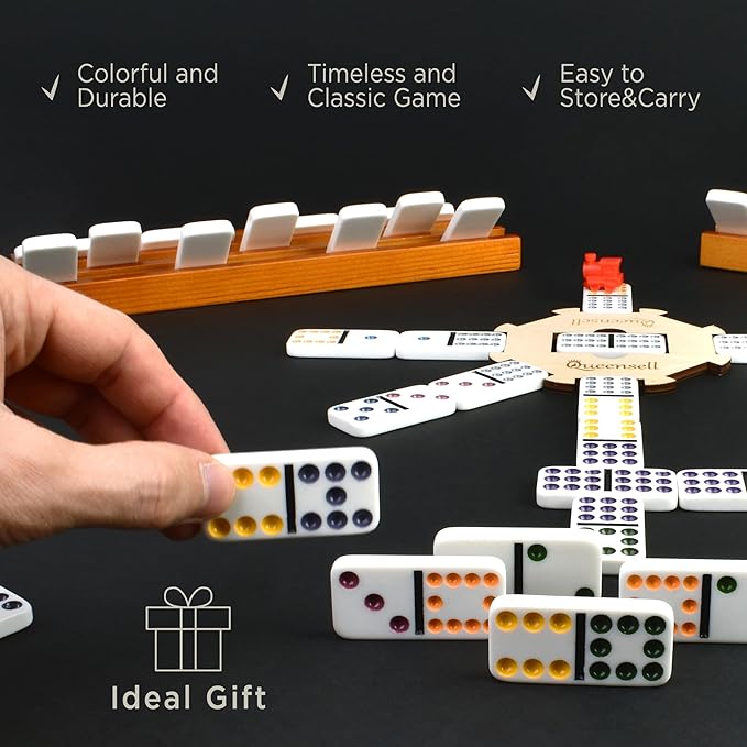 Queensell Mexican Train Dominoes Set with Wooden Hub, Domino Tile Board Games - Double 12 Dominos Set for Family Game Night for Adults and Kids Ages 8 and up (Double 12)